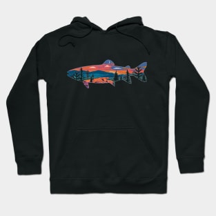 Trout Silhouette Fly Fishing Mountain Sunset River Stream Art Hoodie